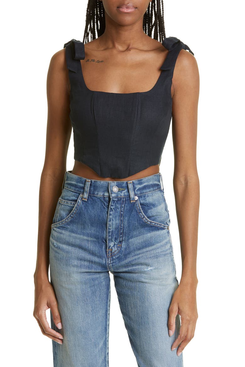Tie Strap Corset Linen Tank, Main, color, BLACK