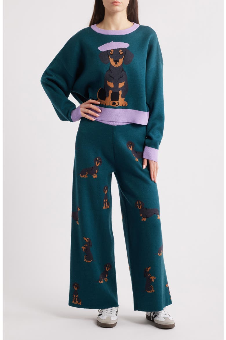 Weenie Dog Jacquard Sweater & Wide Leg Pants Set, Main, color, TEAL