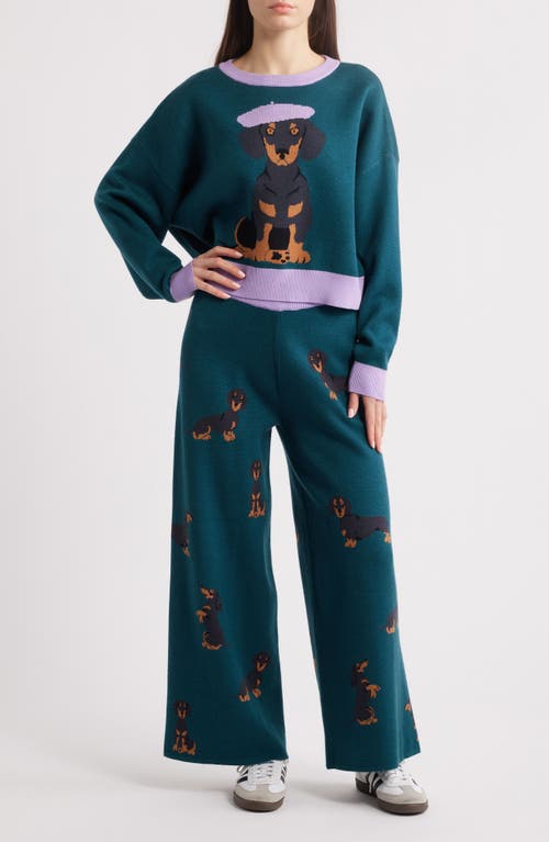 Dressed in Lala Weenie Dog Jacquard Sweater & Wide Leg Pants Set in Teal at Nordstrom, Size Large