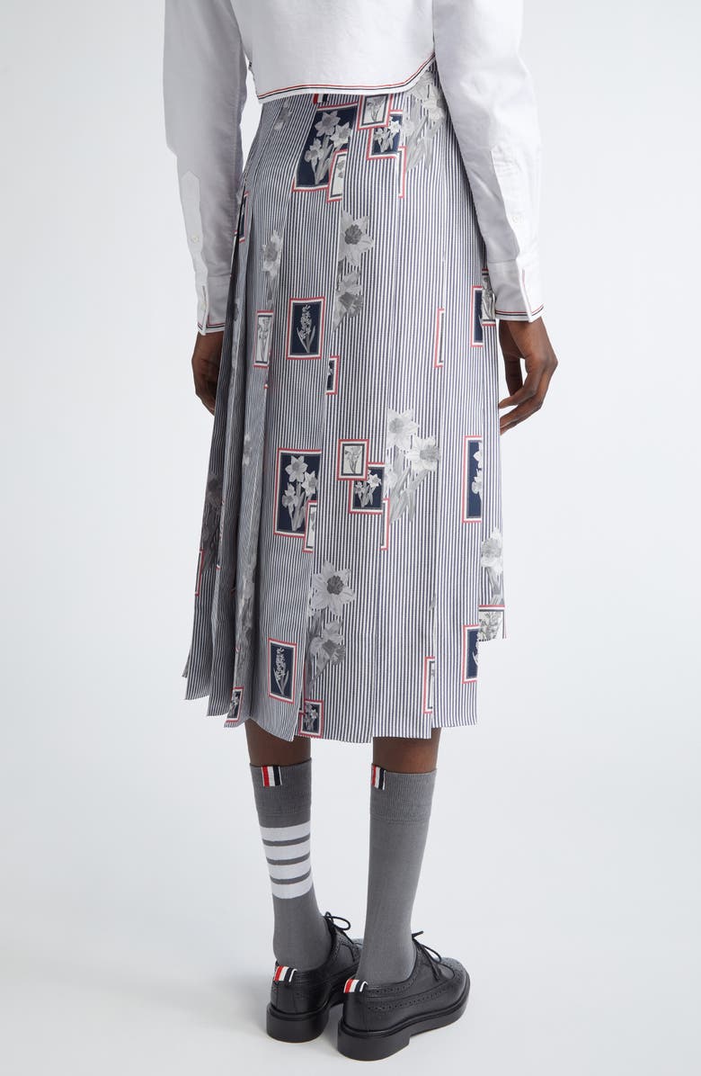 Thom Browne Classic Framed Floral Pleated Silk Skirt, Alternate, color, Navy