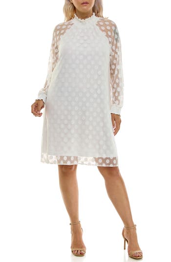 Nina Leonard Polka Dot Long Sleeve Trapeze Dress
