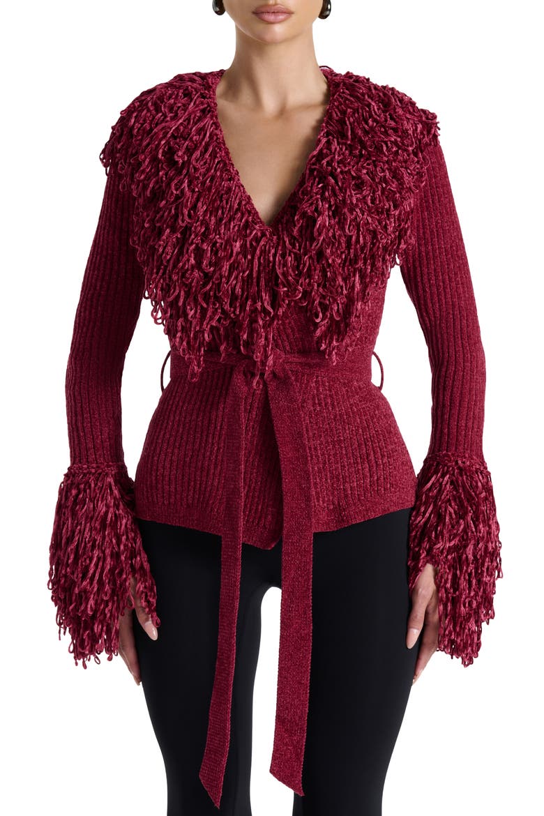 Fringe Tie Waist Chenille Cardigan, Main, color, CURRANT