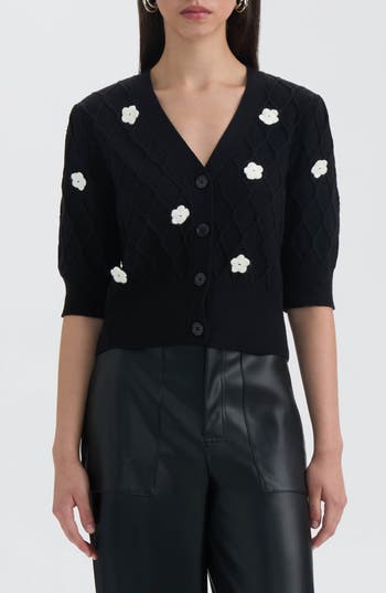 Nvlt Flower Cable Stitch Short Sleeve Cardigan In Black