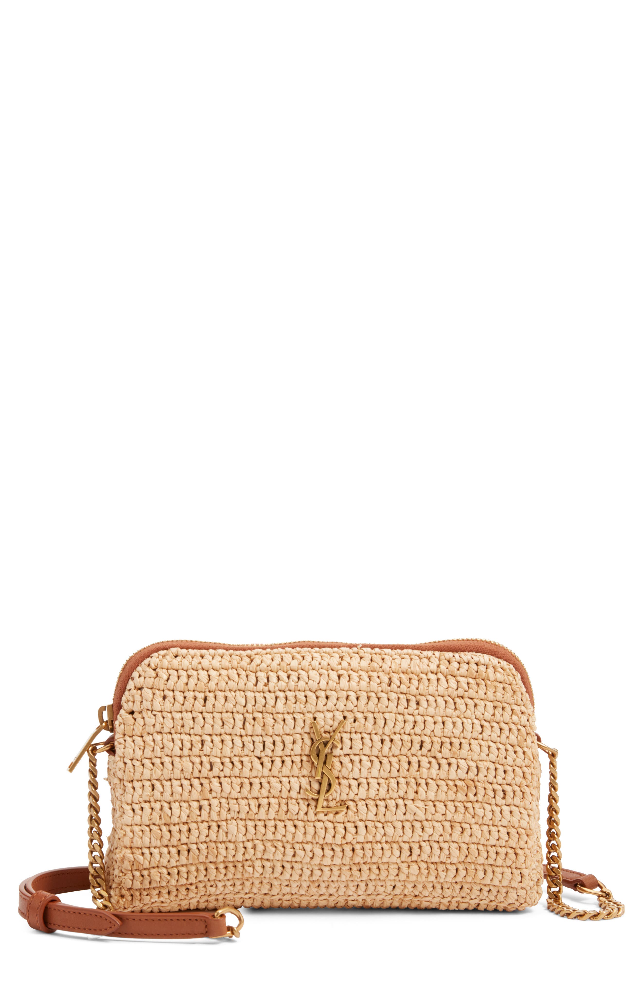 Saint Laurent Gaby Cassandre Logo Raffia Crossbody Bag, Main, color, 