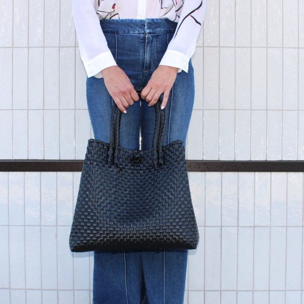 The Midi Piper Handwoven Recycled Plastic Tote, Alternate, color, Black