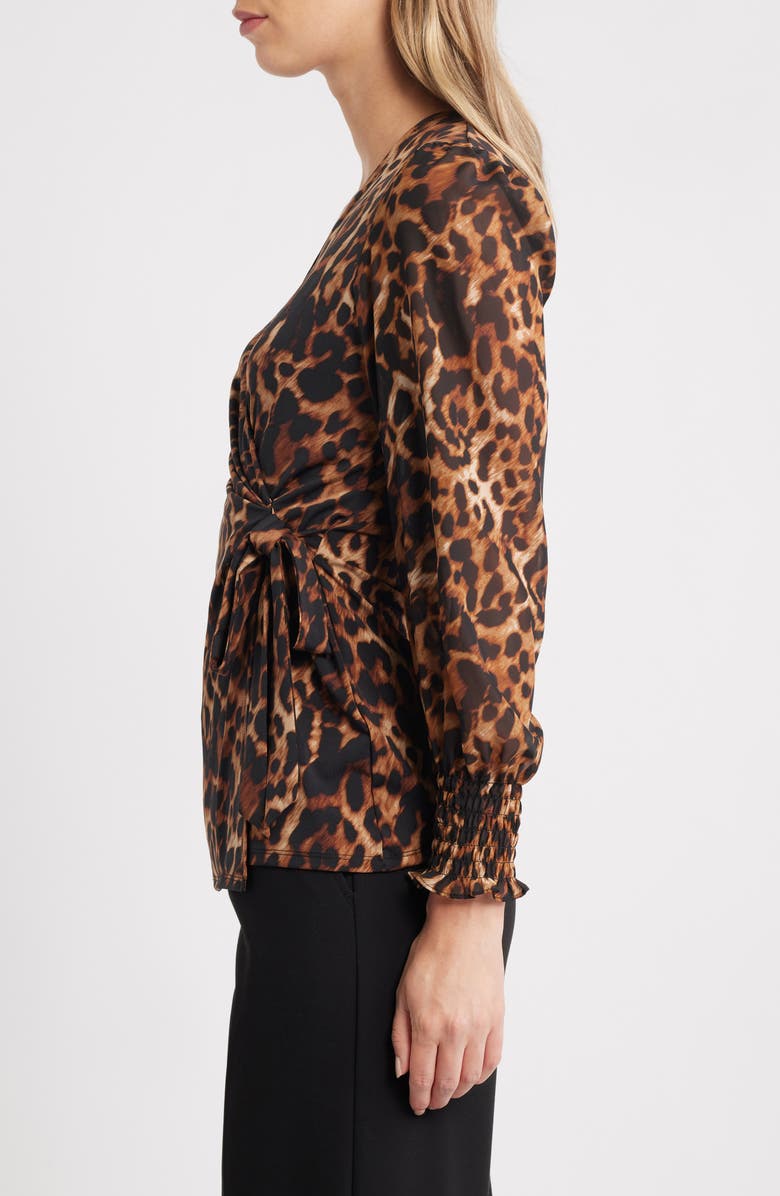 Anne Klein Smocked Cuff Wrap Top, Alternate, color, Anne Black Multi