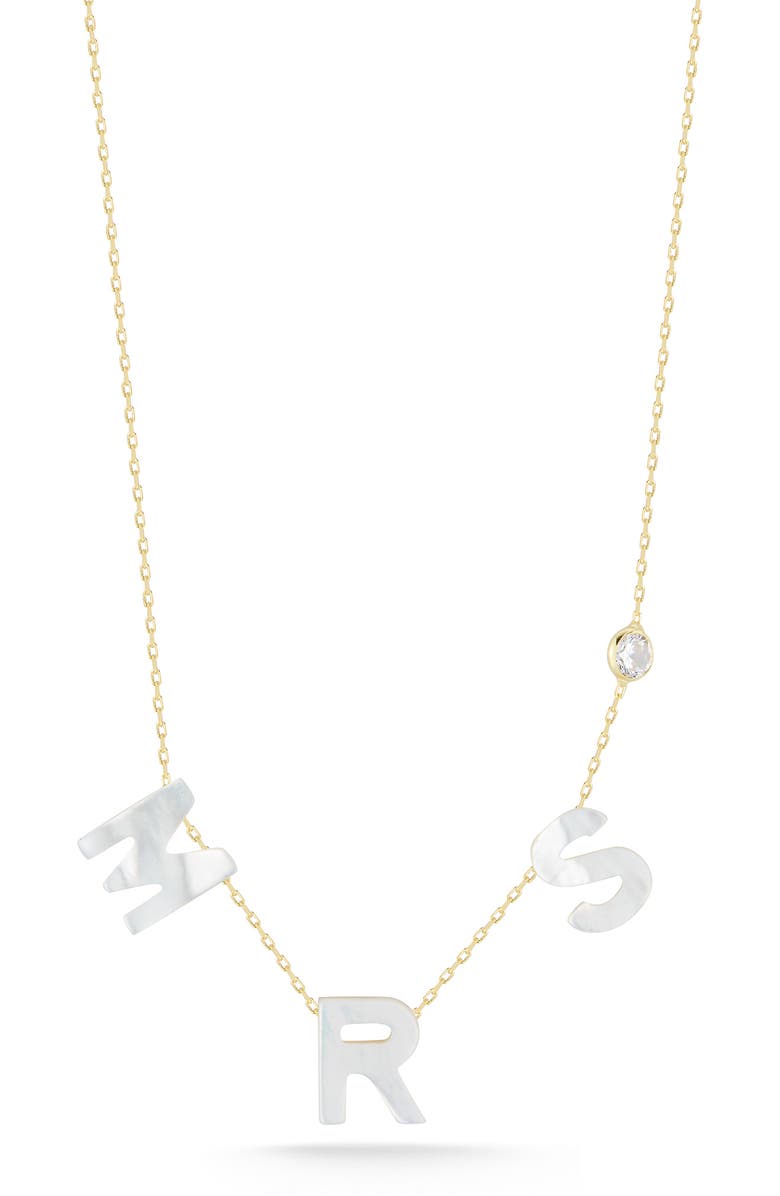 SPHERA MILANO 14K Gold Plated Sterling Silver & CZ Mother-of-Pearl 'Mrs.' Station Necklace, Main, color,