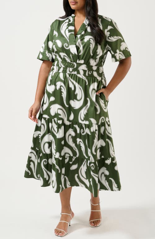 Estelle Sandswept Faux Wrap Midi Dress In Green Print