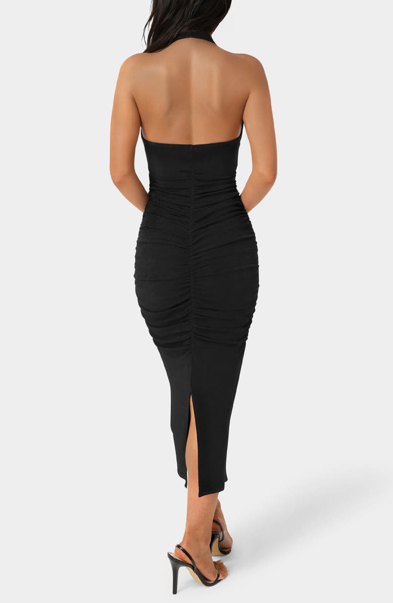 bebe Slinky Shirred Maxi Halter Dress, Alternate, color, Black