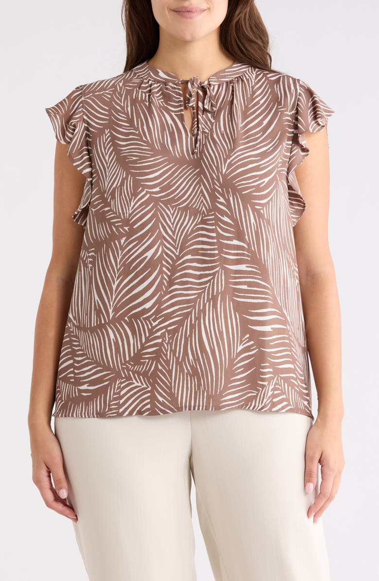 NORDSTROM RACK Ruffle Tie Neck Top, Main, color, Brown Lentil Palmetto Print