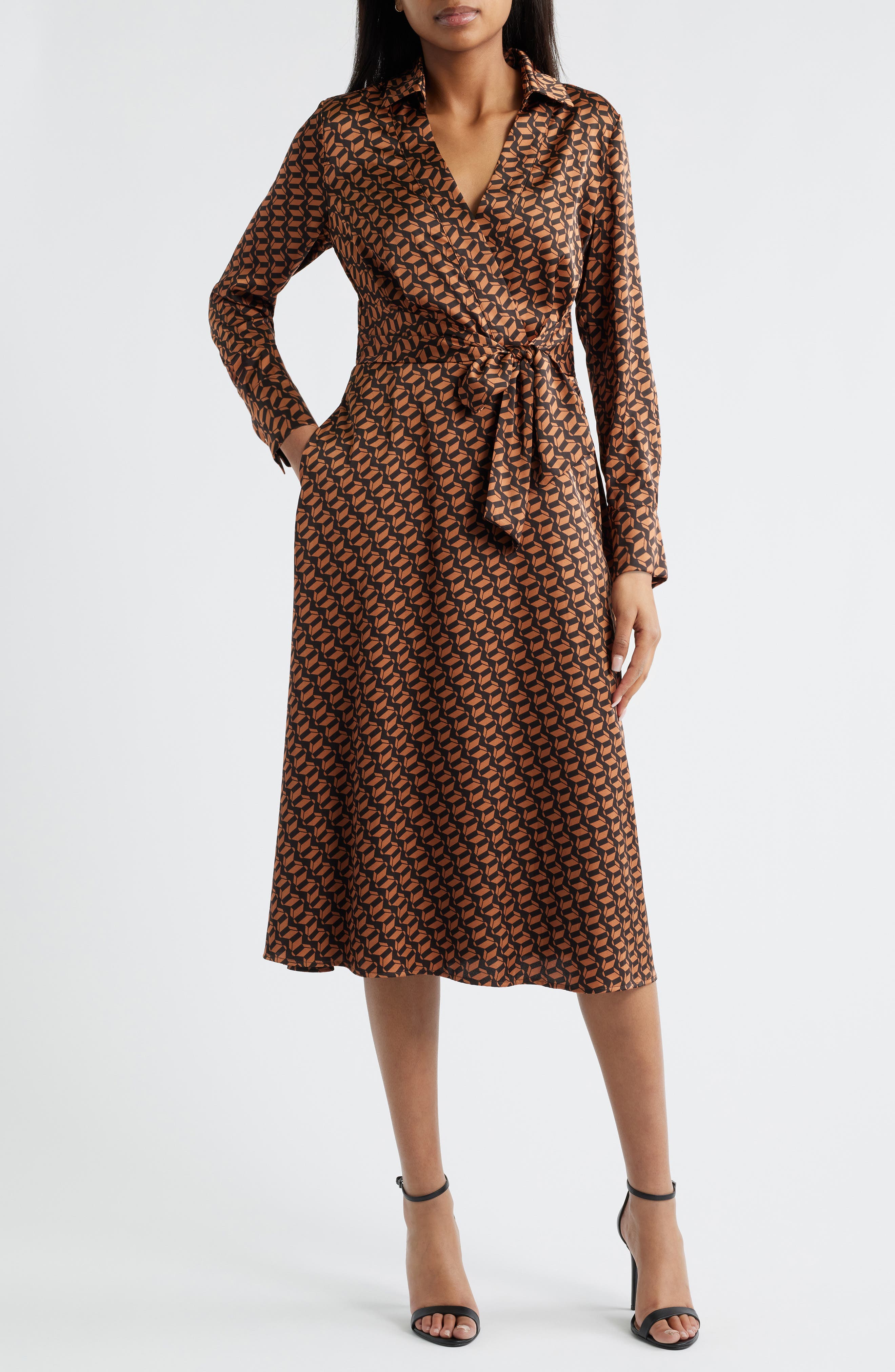 Tahari ASL Printed Long Sleeve Faux Wrap Matte Satin Shirtdress