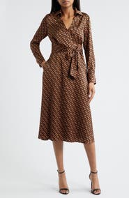 Tahari ASL Printed Long Sleeve Faux Wrap Matte Satin Shirtdress
