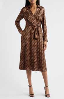 Tahari ASL Printed Long Sleeve Faux Wrap Matte Satin Shirtdress