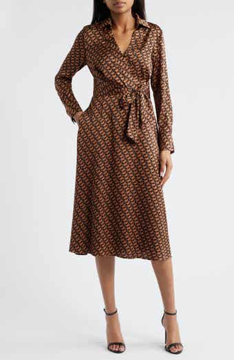 Tahari ASL Printed Long Sleeve Faux Wrap Matte Satin Shirtdress