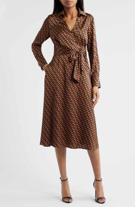 Tahari ASL Printed Long Sleeve Faux Wrap Matte Satin Shirtdress