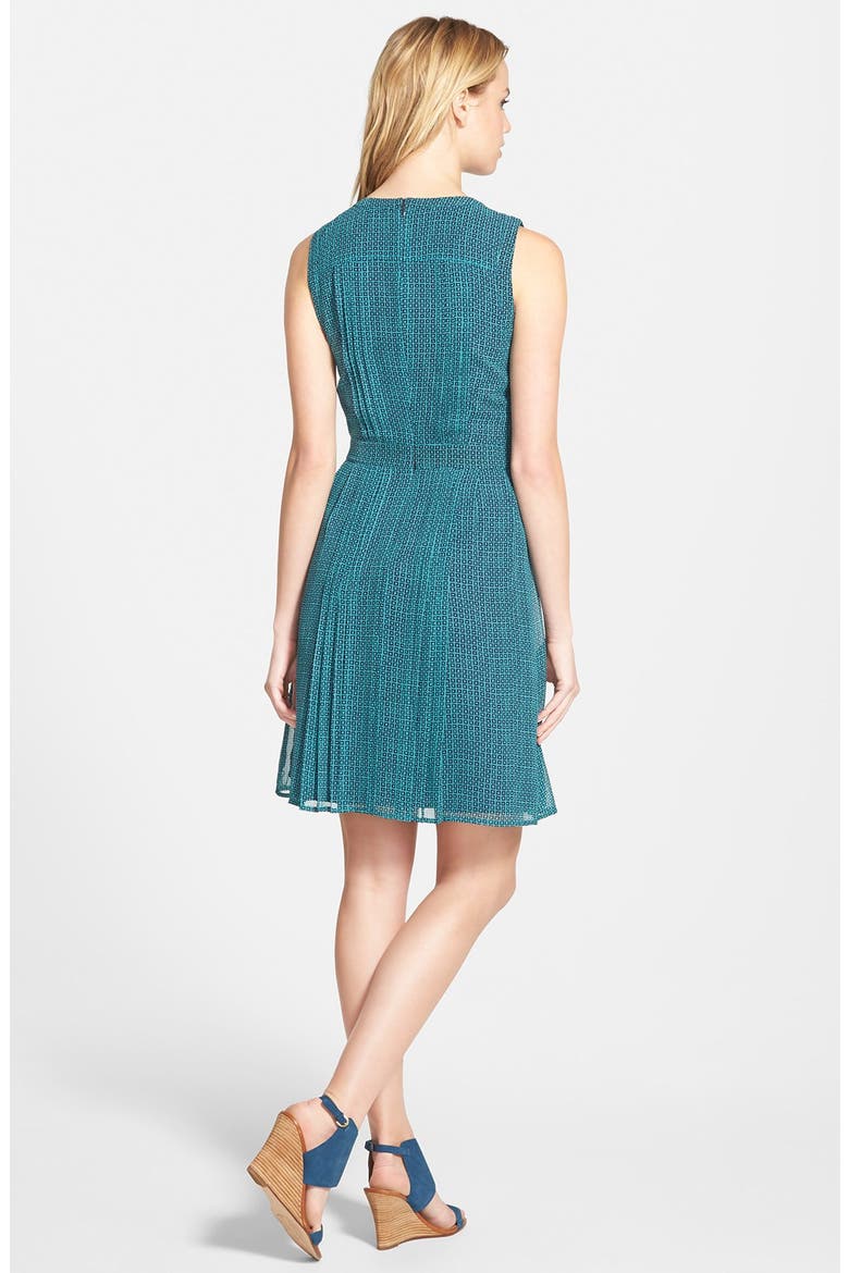 Pleated Fit & Flare Dress, Alternate, color, TEAL- NAVY GRID PRINT