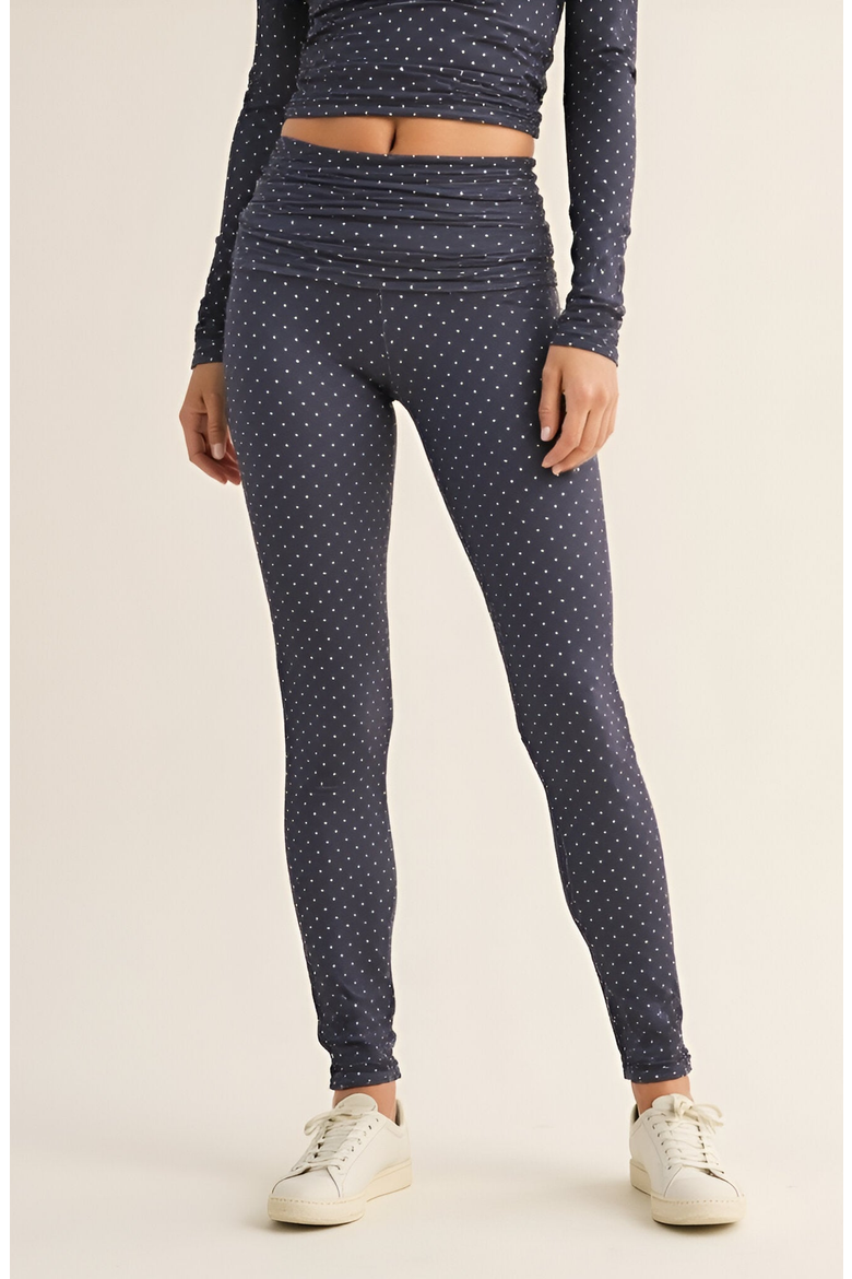 Polka Dot Print High Waist Full-Length Leggings with Wide Waistband, Main, color, Navy / White Polka Dot