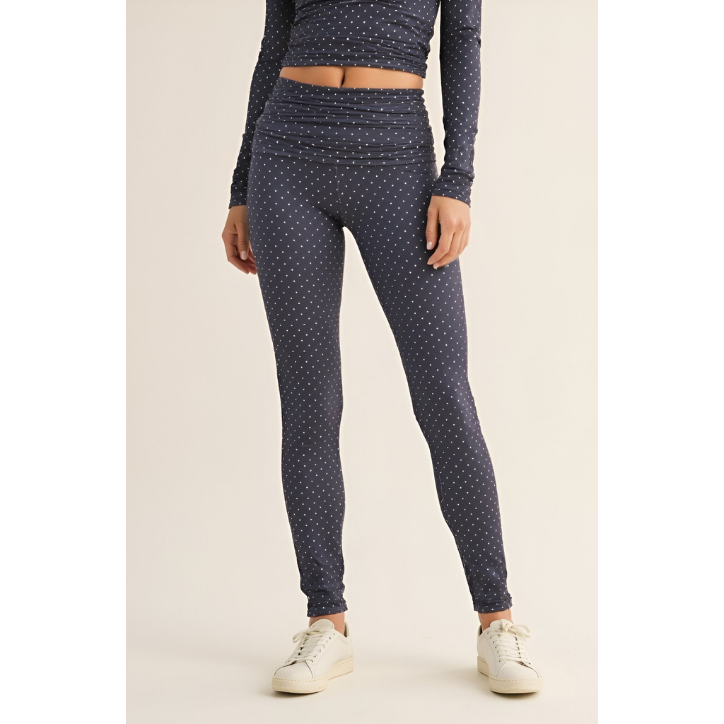 Modenaire Polka Dot Print High Waist Full-length Leggings With Wide Waistband In Blue