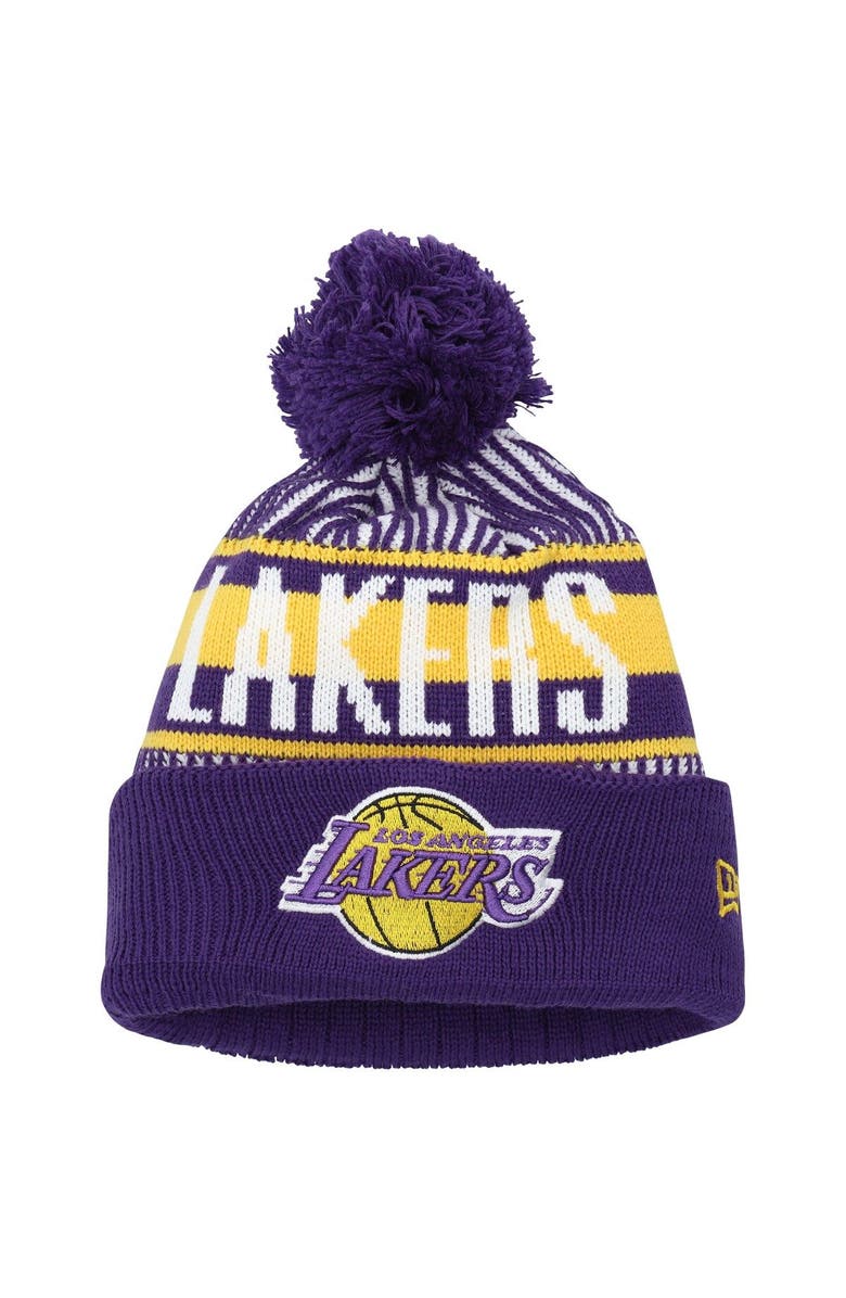 New Era Youth New Era  Purple Los Angeles Lakers Stripe Cuffed Knit Hat with Pom, Main, color, 