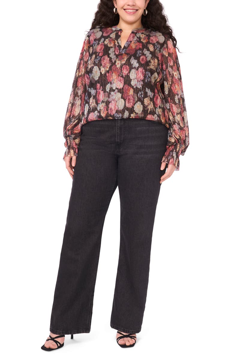 Vince Camuto Metallic Floral Plissé Top, Alternate, color, Rich Black