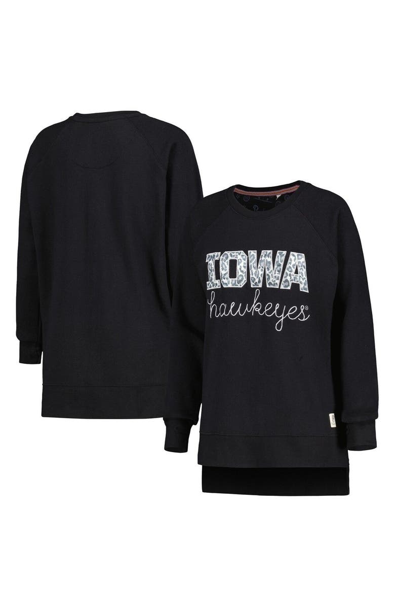 PRESSBOX Women's Pressbox Black Iowa Hawkeyes Steamboat Animal Print Raglan Pullover Sweatshirt, Main, color, 