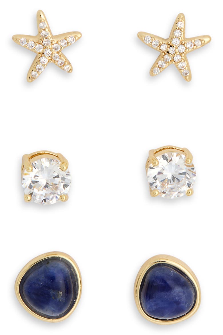 Seabreeze & Daydreams Set of 3 Fish Stud Earrings, Alternate, color, CLEAR- BLUE- GOLD