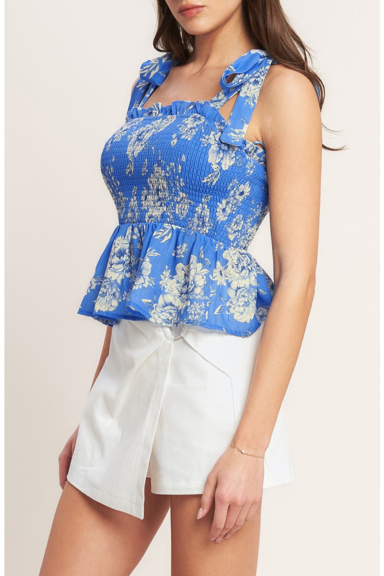 Floral Tie Strap Smocked Peplum Crop Top, Alternate, color, BLUE