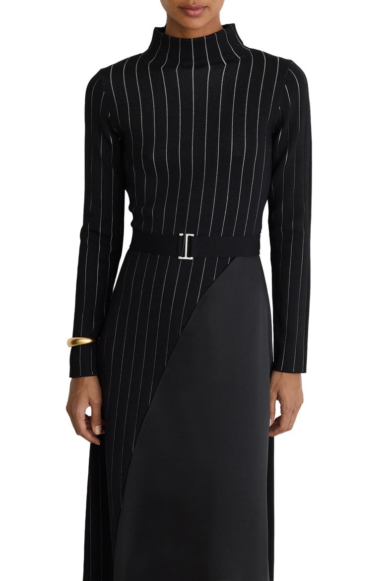 Mia Belted Mixed Media Long Sleeve Midi Dress, Alternate, color, BLACK