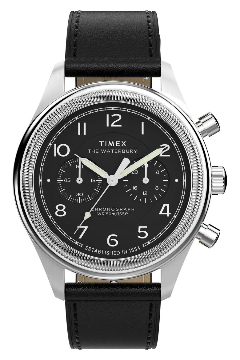 Waterbury Metropolitan Chronograph Leather Strap Watch, 41mm, Main, color, BLACK