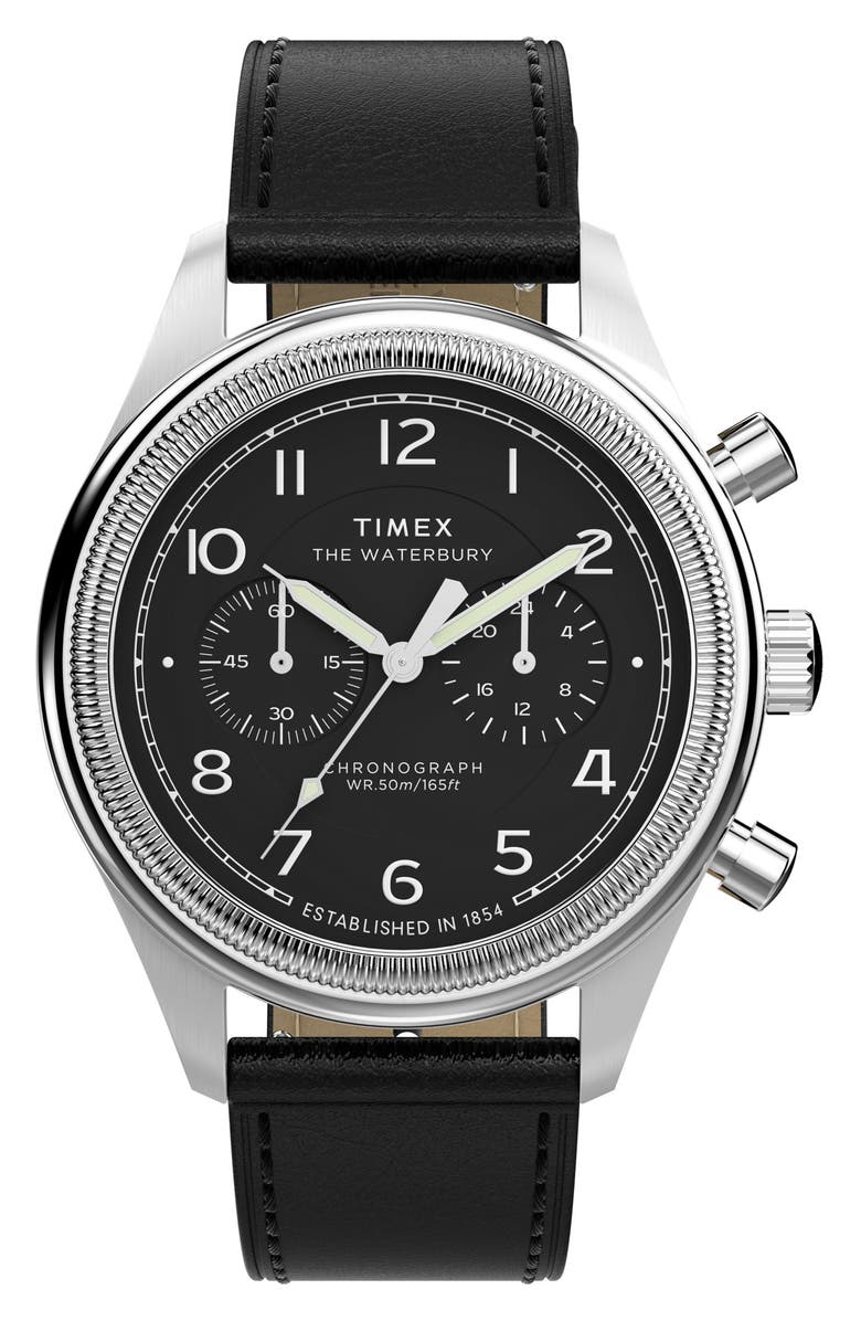 Timex<sup>®</sup> Waterbury Metropolitan Chronograph Leather Strap Watch, 41mm, Main, color, Black