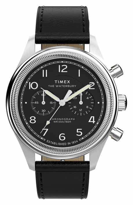 Timex® Waterbury Metropolitan Chronograph Leather Strap Watch, 41mm