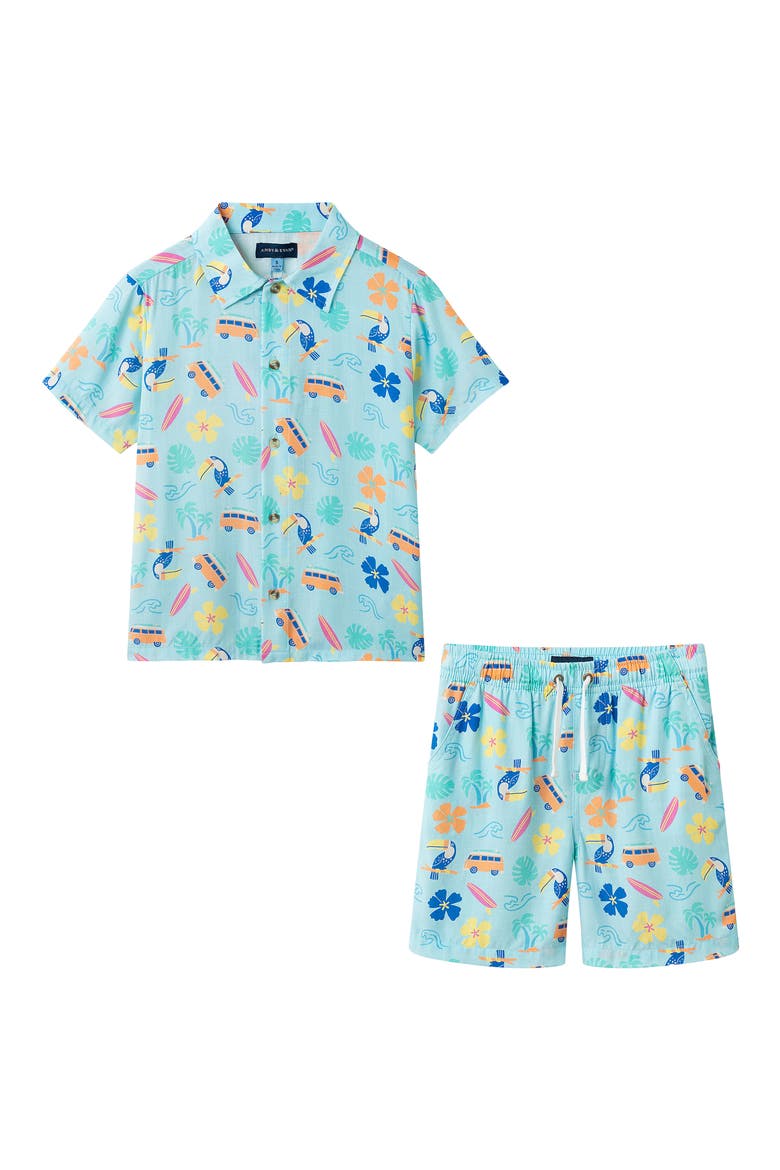 Kids' Short Sleeve Button-Up Shirt & Shorts Set, Main, color, AQUA BEACH