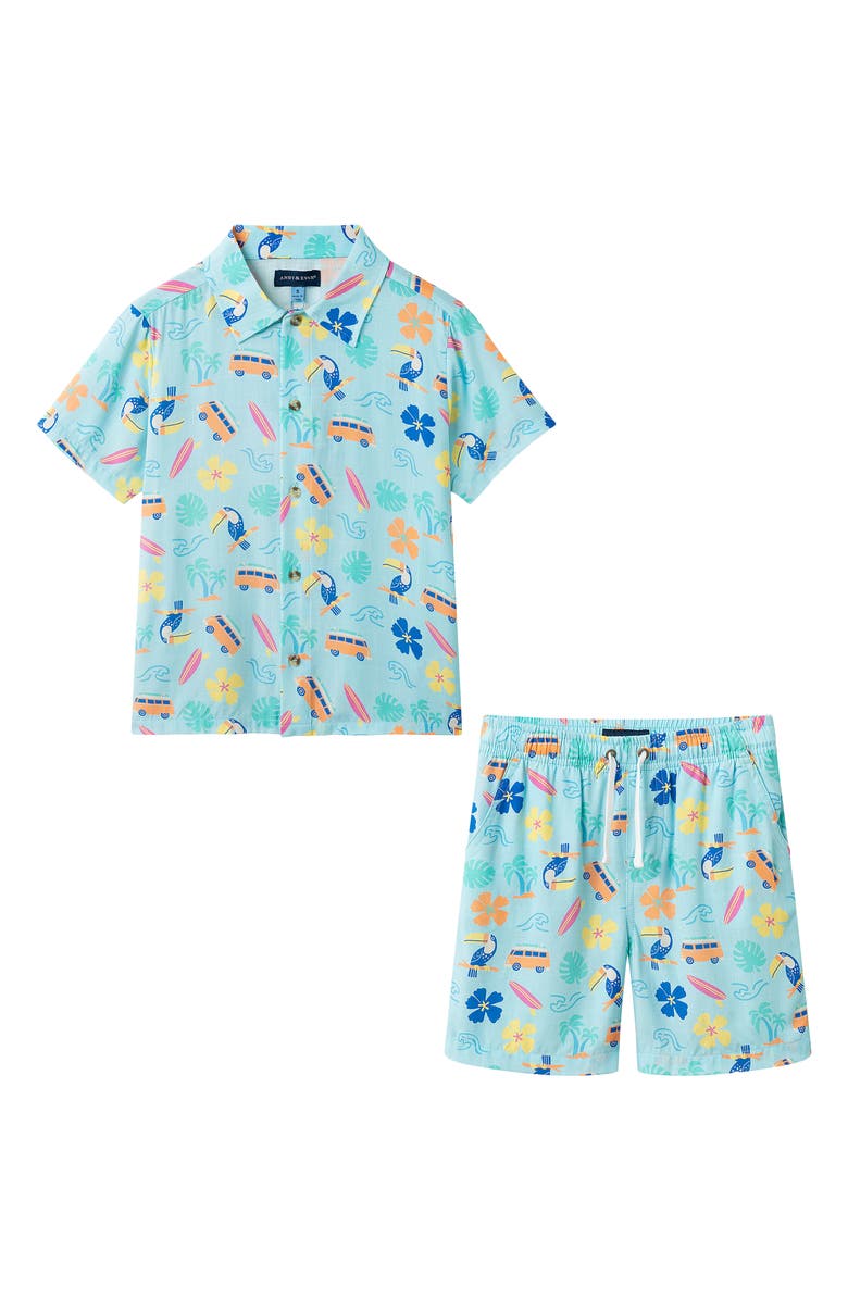 Andy & Evan Kids' Short Sleeve Button-Up Shirt & Shorts Set, Main, color, Aqua Beach