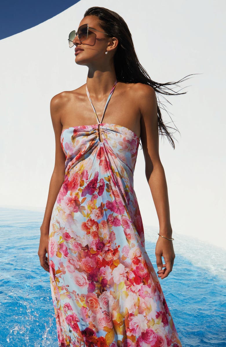 L'AGENCE Cheri Soft Cloud Floral Cover-Up Halter Dress, Alternate, color, Pink