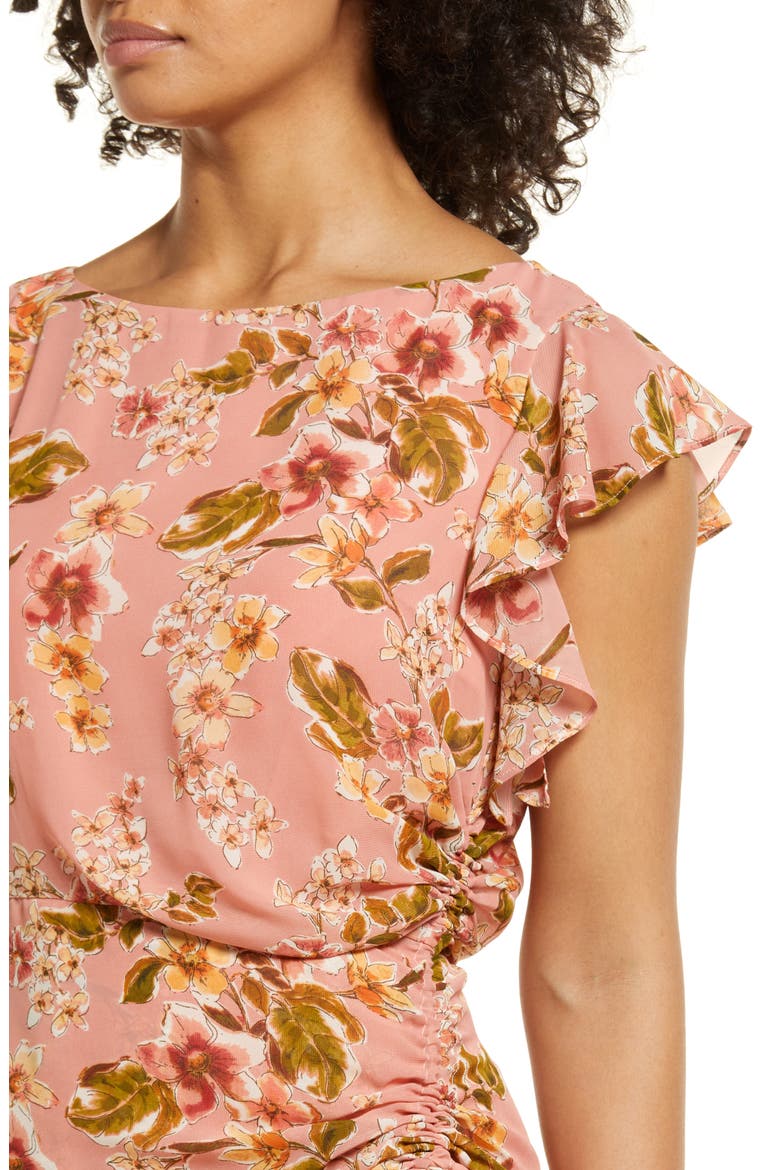 Floral Print Flutter Sleeve Midi Dress, Alternate, color, BLUSH MULTI