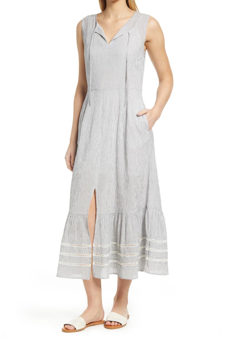 Sleeveless Tiered Dress, Main, color, NAVY- IVORY STRIPE