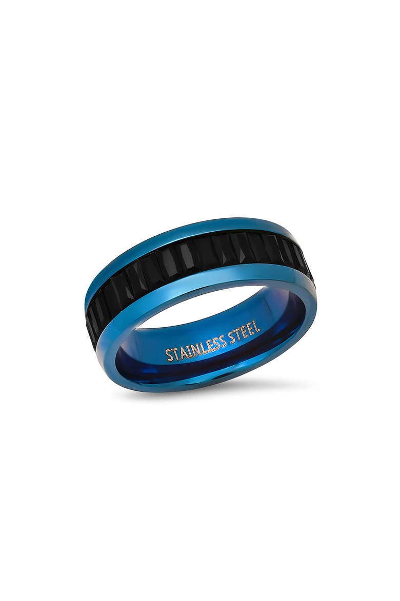 Men's Blue Stainless Steel Black Simulated Diamond Band Ring, Main, color, BLUE/ BLACK