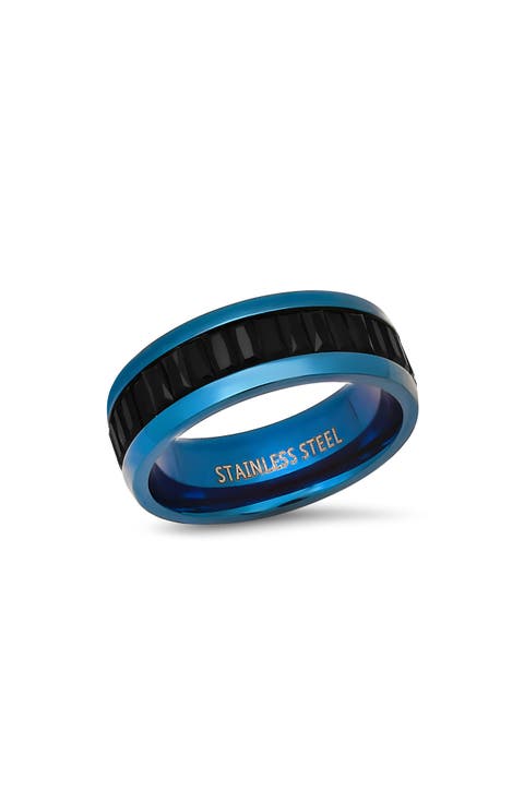 Men's Blue Stainless Steel Black Simulated Diamond Band Ring
