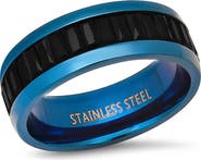 HMY JEWELRY Men's Blue Stainless Steel Black Simulated Diamond Band Ring
