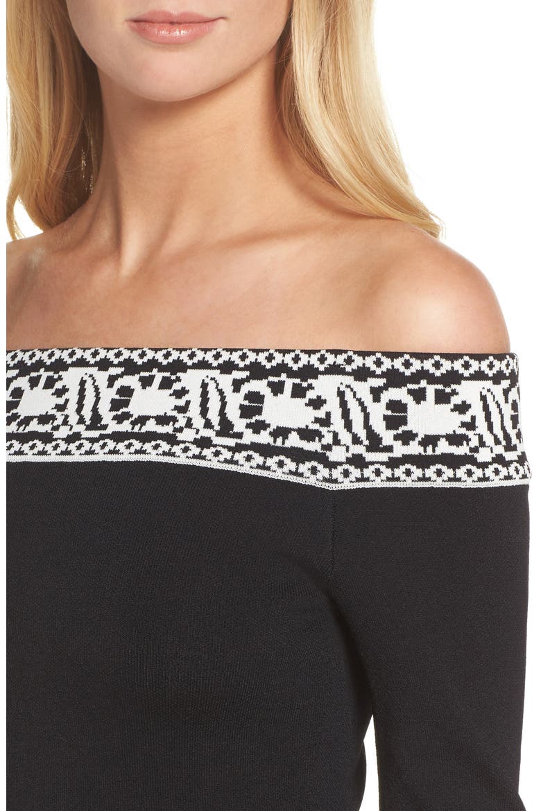 Pattern Off the Shoulder A-Line Knit Dress, Alternate, color, BLACK WHITE