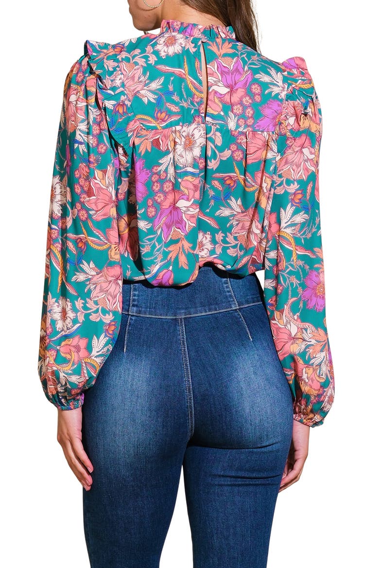 Floral Print Mock Neck Top, Alternate, color, TEAL