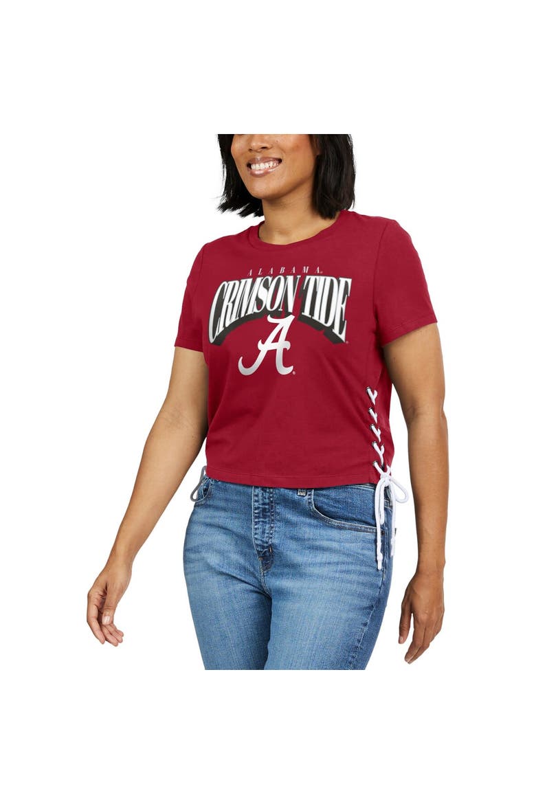 Women's WEAR by Erin Andrews Crimson Alabama Crimson Tide Side Lace-Up Modest Crop T-Shirt, Alternate, color, Crimson