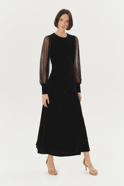 Stretch Lace Sleeve Midi Velvet Dress
