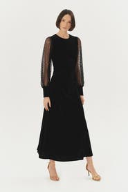 Exquise Stretch Lace Sleeve Midi Velvet Dress