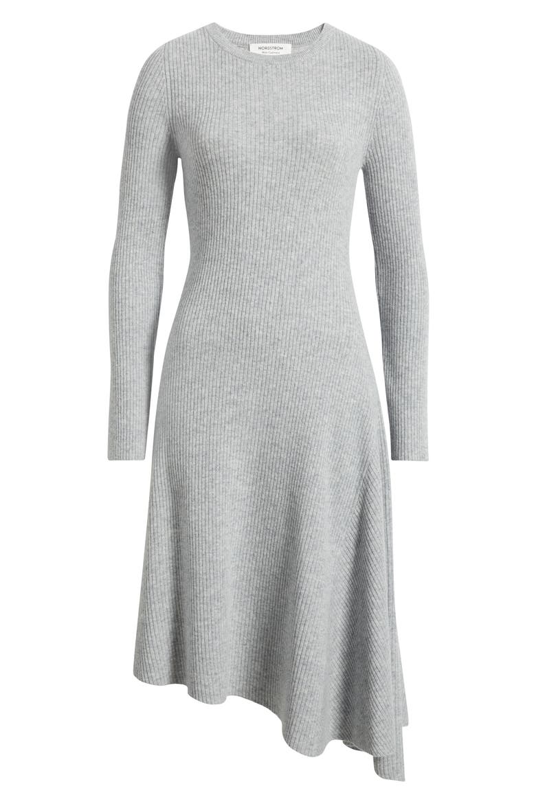 Asymmetric Wool & Cashmere Ribbed Midi Sweater Dress, Main, color, GREY SILK HEATHER