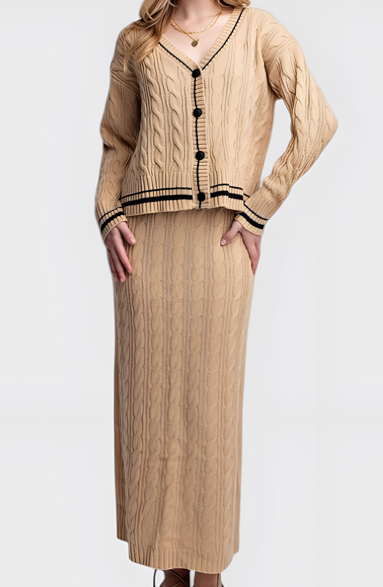 Modenaire Cable Knit Cardigan & Maxi Skirt Set with Striped Trim and Button Detail, Alternate, color, 