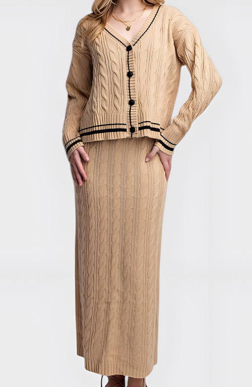 Modenaire Cable Knit Cardigan & Maxi Skirt Set With Striped Trim And Button Detail In Brown