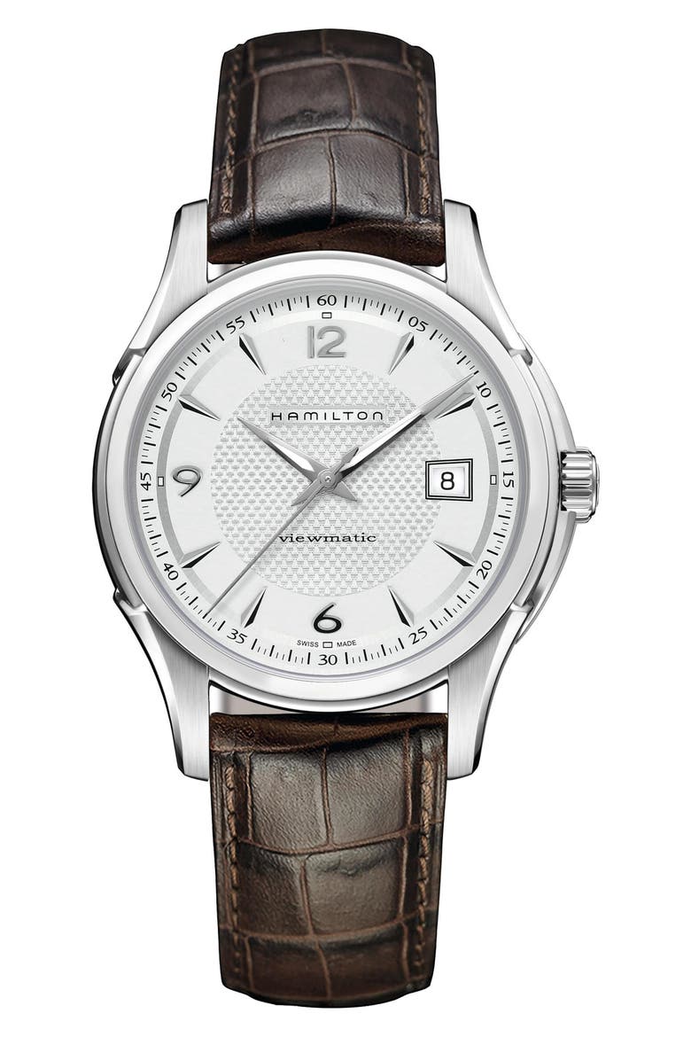 Jazzmaster Skeleton Leather Strap Watch, 40mm, Main, color, SILVER