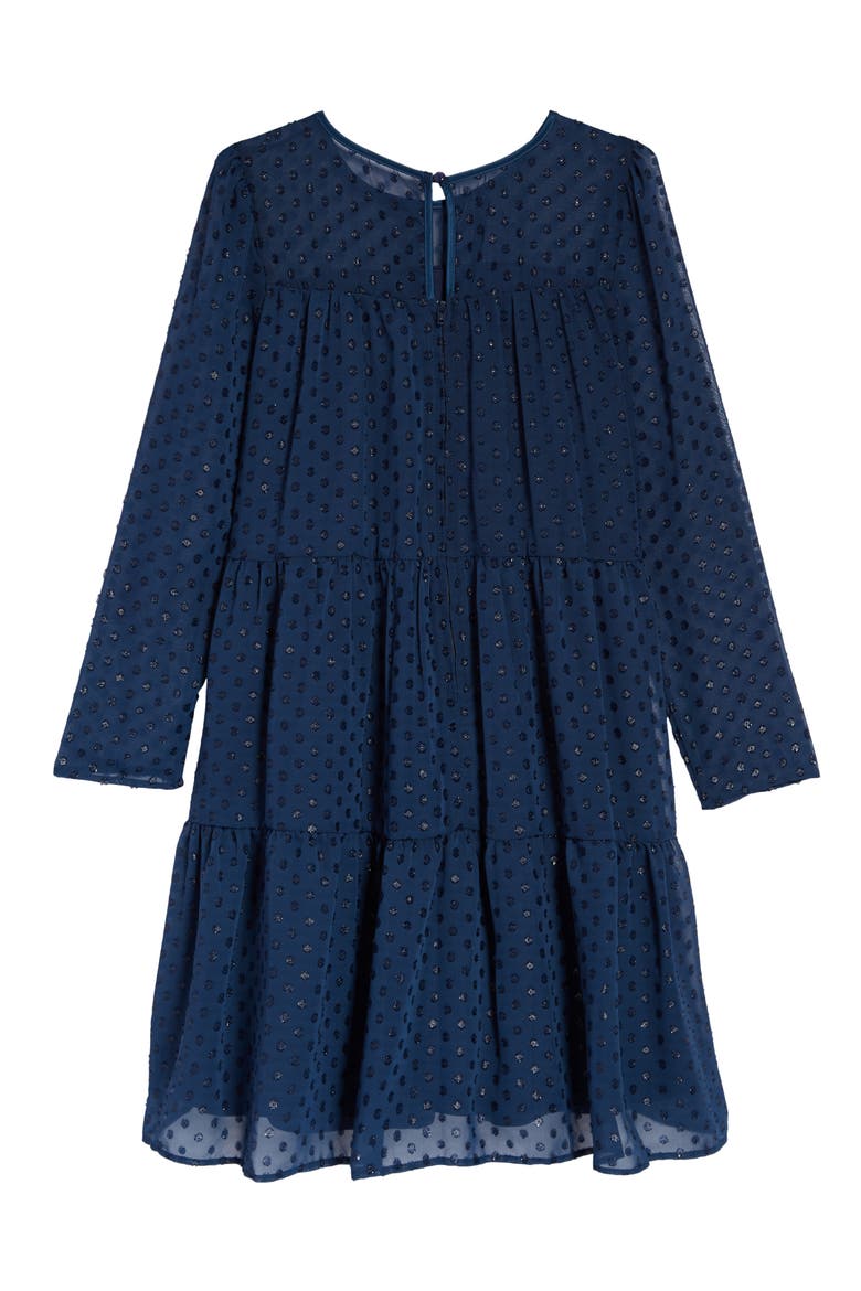 Kids' Burnout Metallic Chiffon Long Sleeve Dress, Alternate, color, NAVY