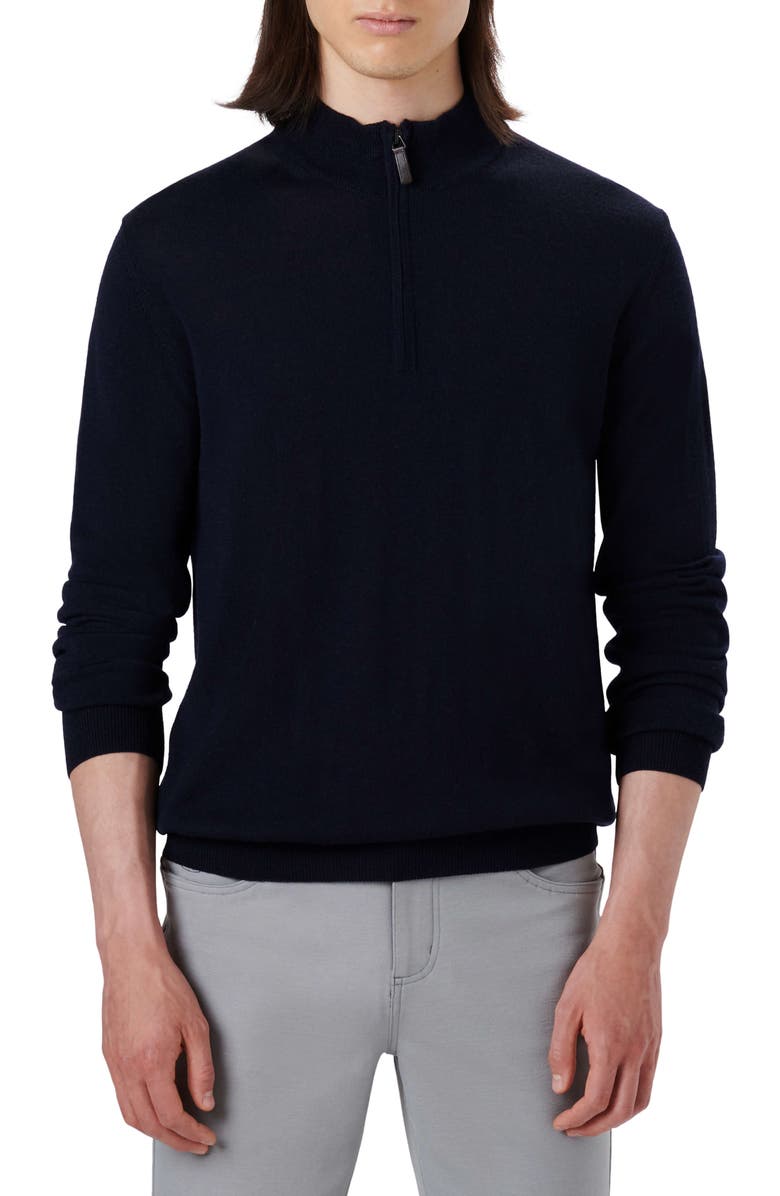 Bugatchi Water Repellent Merino Wool Quarter-Zip Pullover, Main, color, Midnight